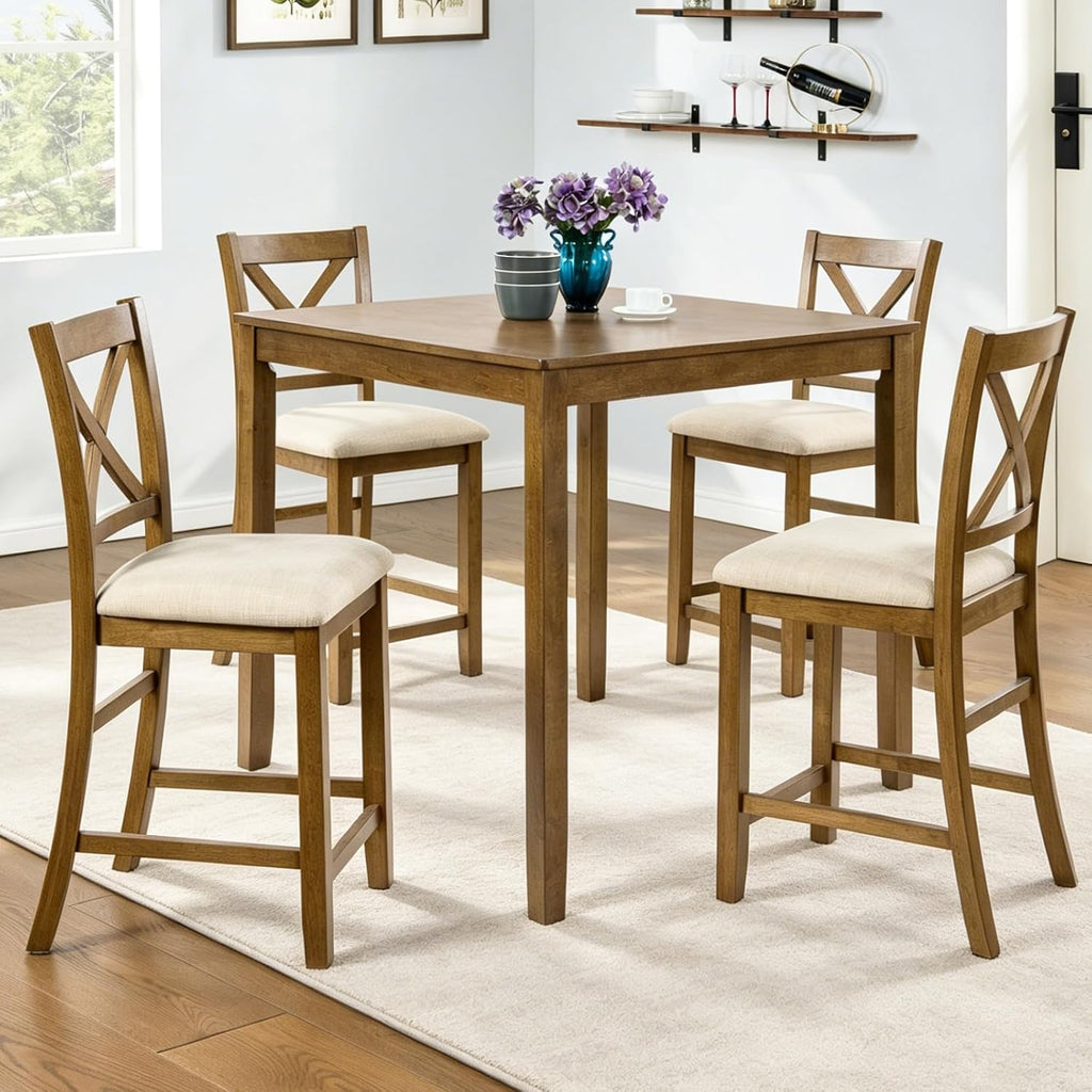 LUMISOL 5-Piece Dining Table Set for 4, Solid Wood Counter Height Kitchen Table Set with Square Table & 4 X-Back Chairs, Farmhouse Table and Chairs Set for Dining Room, Kitchen, Small Spaces, Oak