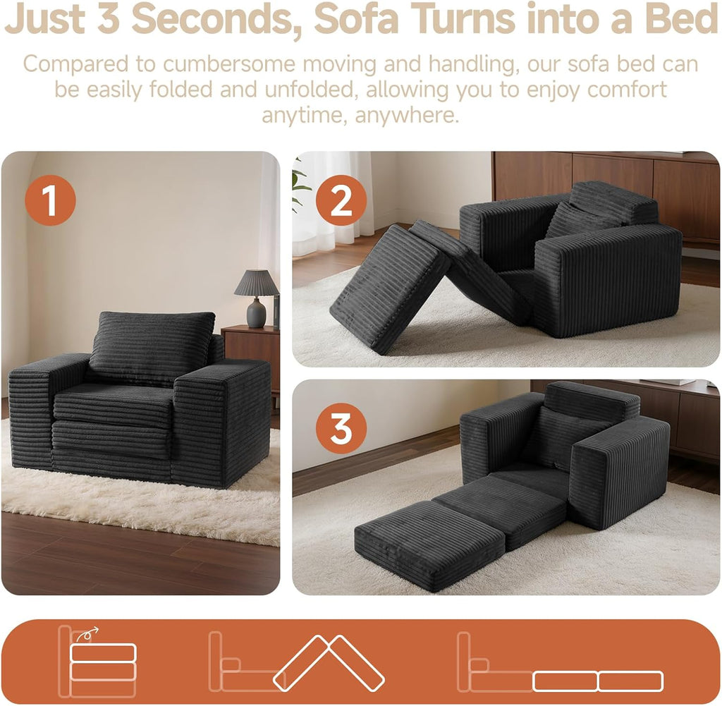 45" Convertible Sofa Chair Bed for Small Spaces, Corduroy Sleeper Chair with High Density Foam, No Assembly Folding Couch Chair with Armrests for Apartment Bedroom Guest Room