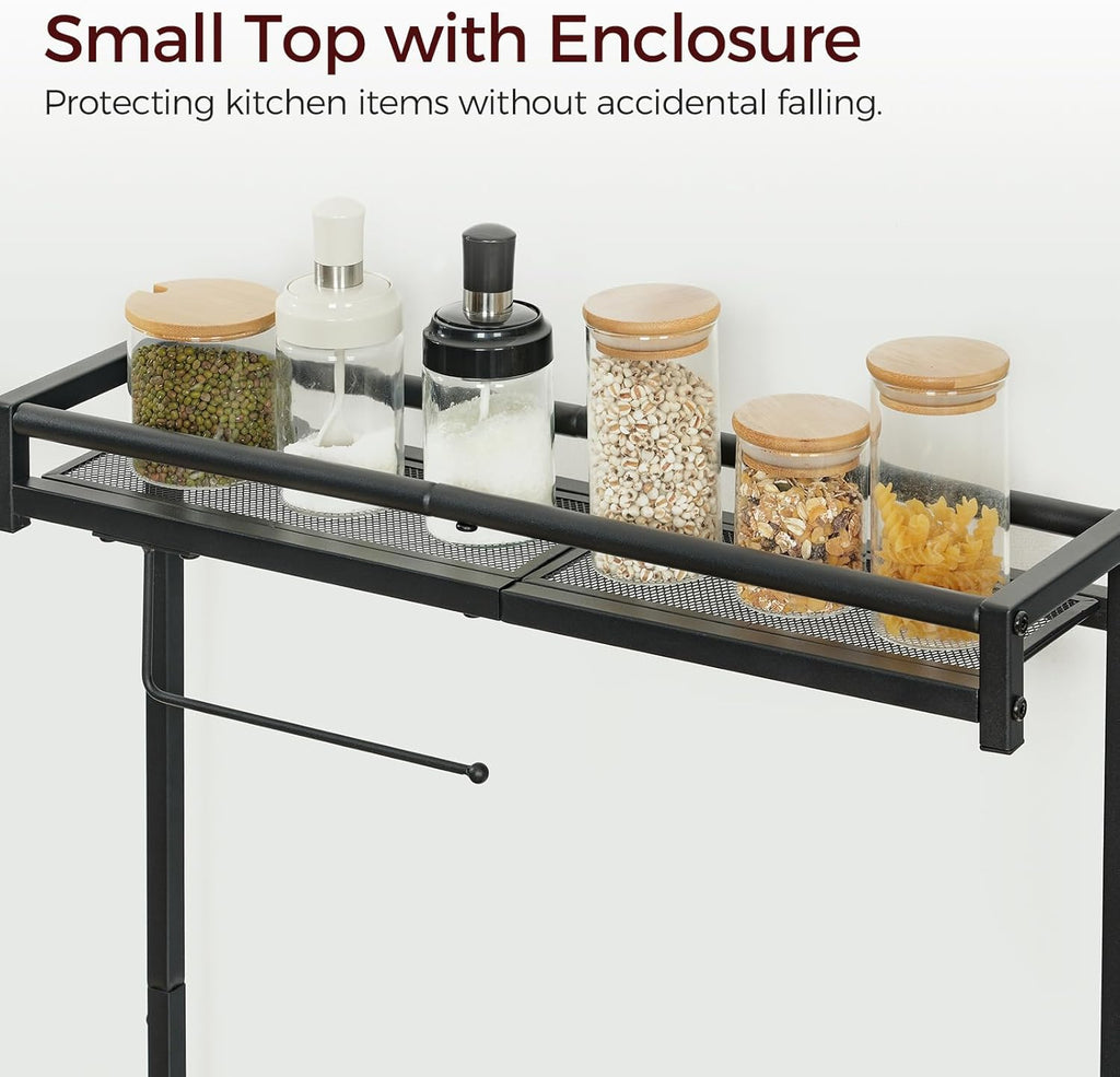 MAHANCRIS Bakers Rack with Storage, Microwave Stand with Paper Holder, Bakers Rack with Power Outlet, Coffee Bar Station with 6 Hooks, for Kitchen, Dining Room, Rustic Brown and Black BRHR36E01
