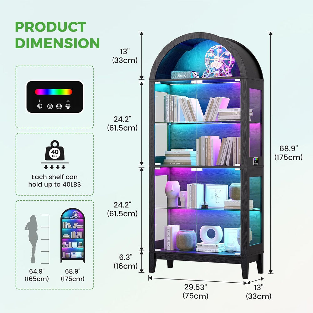 HNEBC Arched Display Case with RGB Lights, 69" Tall 5-Tier Tempered Glas...