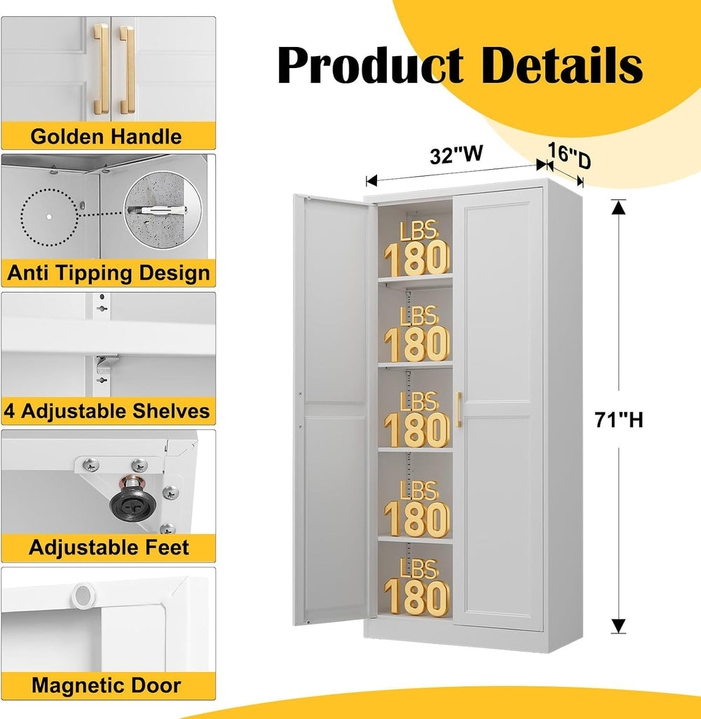 Steeloong 71"Metal Pantry Storage Cabinet with Doors & 4 Adjustable ...