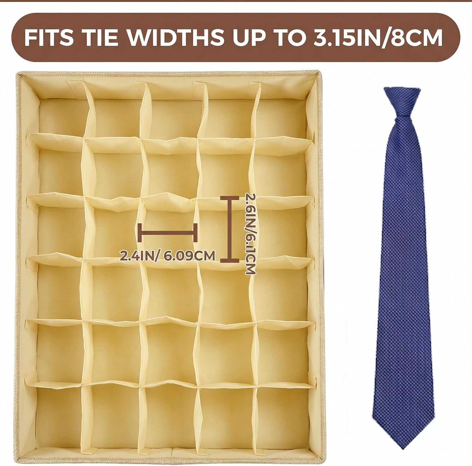 Beige Sock Organizer Divider 2 Pack with Lid - 30 Cell Foldable Closet Storage, Tie Organizer For Men Boxes for Socks, Ties, Belts