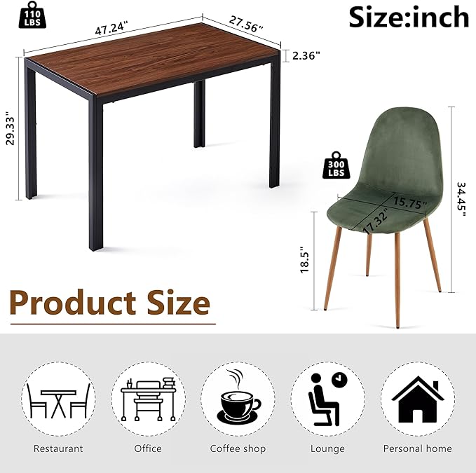 5 Pcs Kitchen Table Set for 4, 47" MDF Dining Table with Walnut Wood Grain, 4 Upholstered Chairs Green Velvet Dining Chair Armless with Metal Legs for Kitchen, Living Room