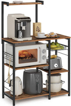 VASAGLE Baker's Rack, Microwave Stand, Kitchen Storage Rack with Wire Basket, 6 Hooks, and Shelves, for Spices, Pots, and Pans, Rustic Brown and Ink Black UKKS35X