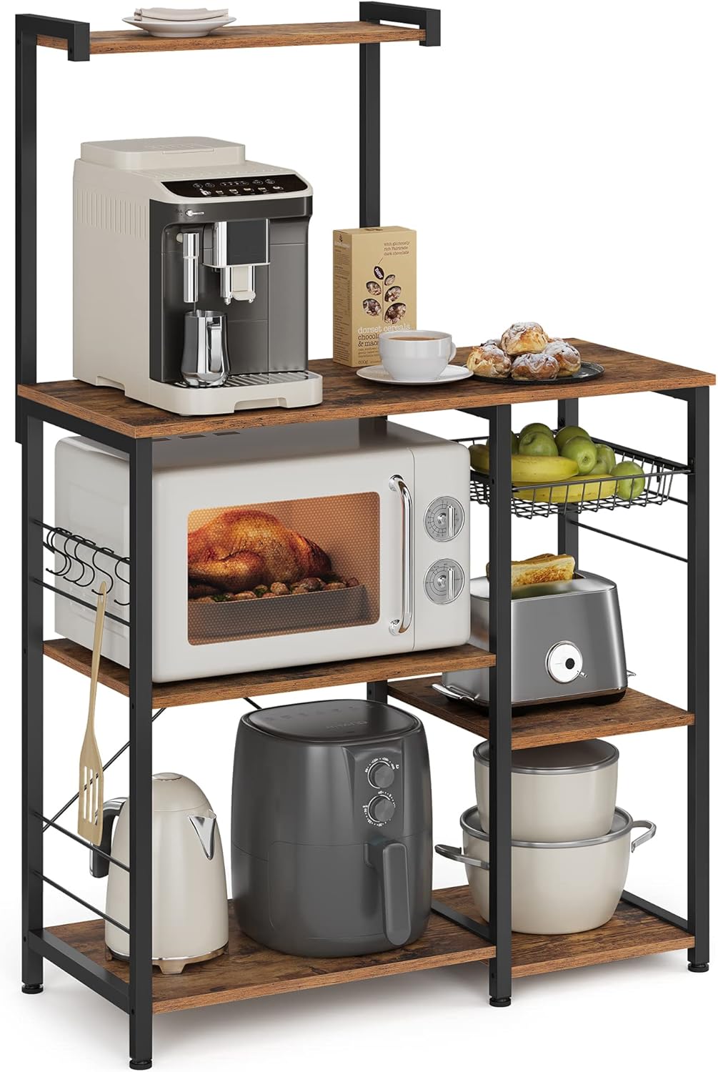 VASAGLE Baker's Rack, Microwave Stand, Kitchen Storage Rack with Wire Basket, 6 Hooks, and Shelves, for Spices, Pots, and Pans, Rustic Brown and Ink Black UKKS35X