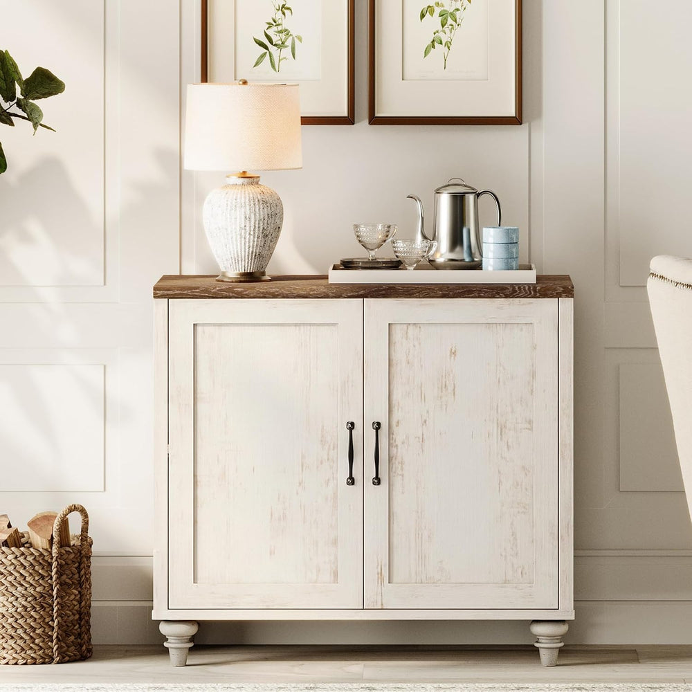 WAMPAT Farmhouse Buffet Cabinet with Wooden Doors, Rustic White, 34"