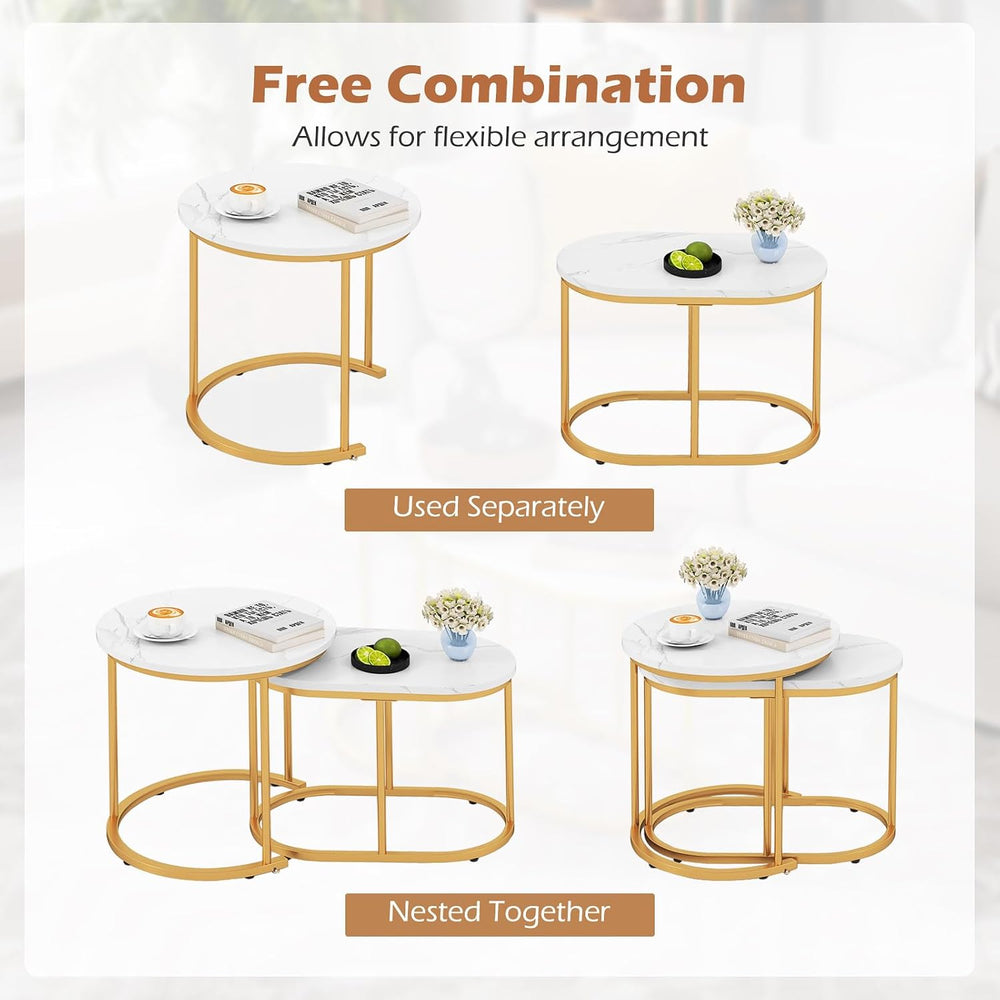 LDAILY Nesting Coffee Table Set with Marble-Look Top, 2-Piece | Golden Steel ...