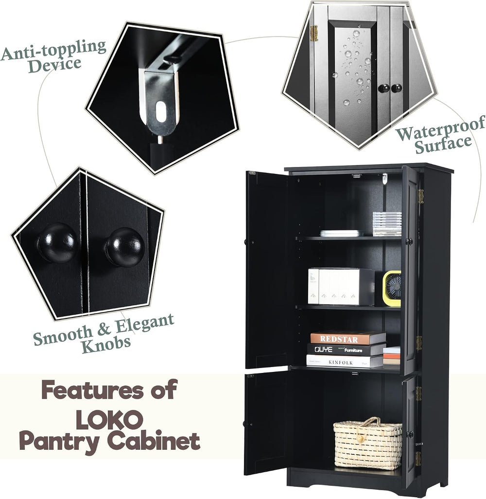 LOKO Kitchen Pantry Storage Cabinet, Modern Kitchen Cupboard with Adjustable ...