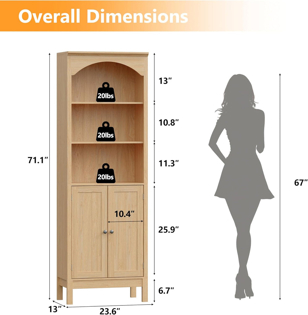 Arched Bookshelf,3 Tier Tall Bookcase with Adjustable Shelves and Cabinet
