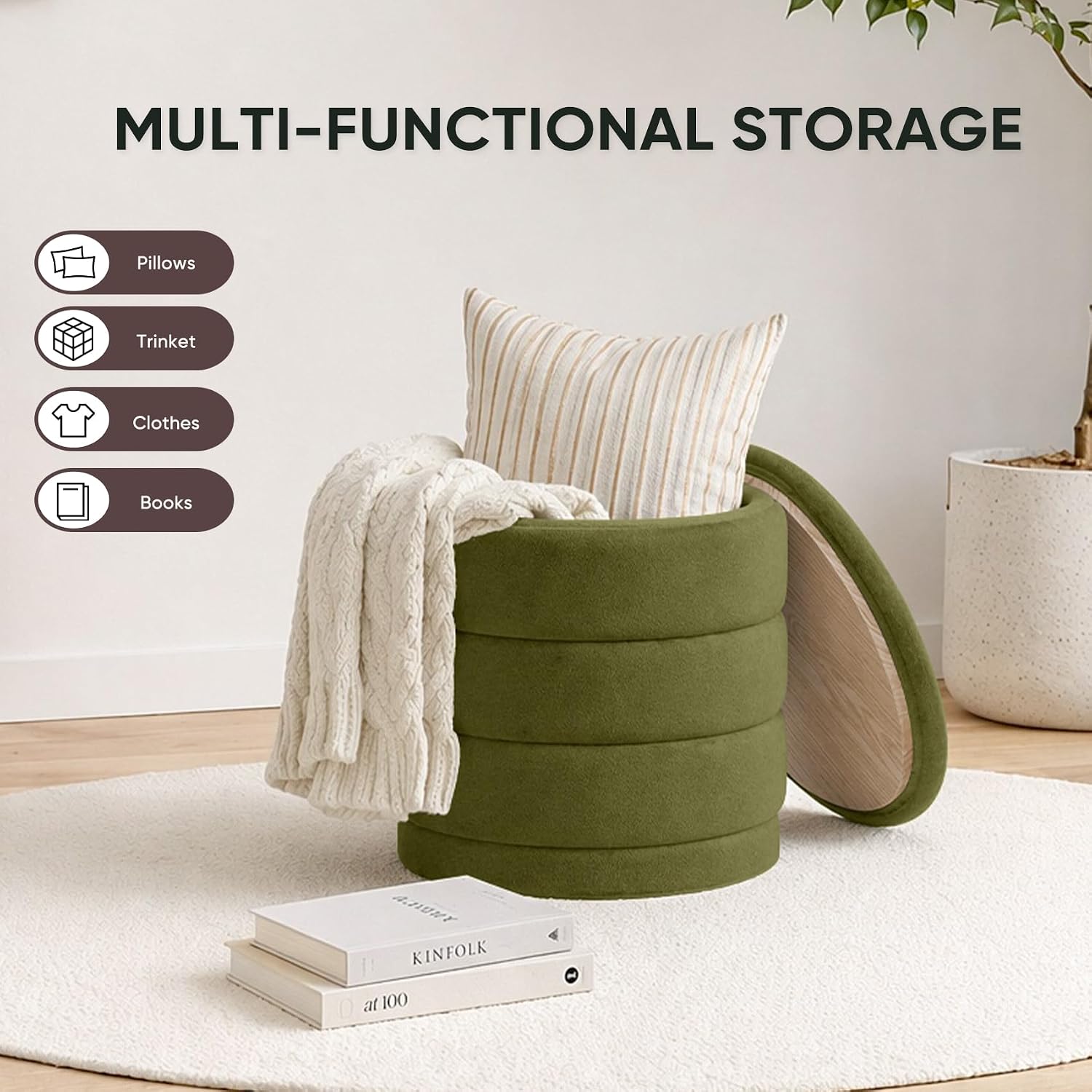15 Inch Round Velvet Storage Ottoman, Upholstered Foldable Foot Rest Stool with Tray, Small Coffee Table for Bedroom Living Room
