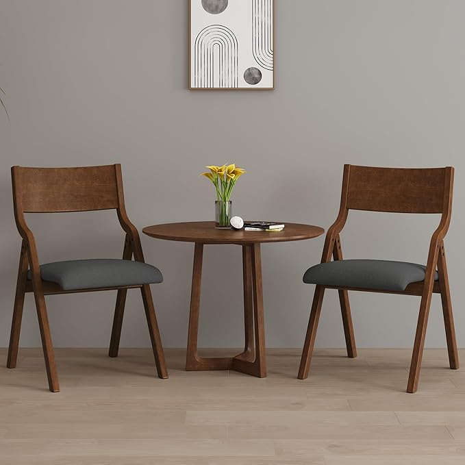 Ball & Cast Upholstered Folding Dining Chairs Set of 2, Foldable Wooden Chair 2-Pack, Portable Office-Chair for Kitchen Outdoor Activity, Easy Carry & Storage, Walnut+Grey