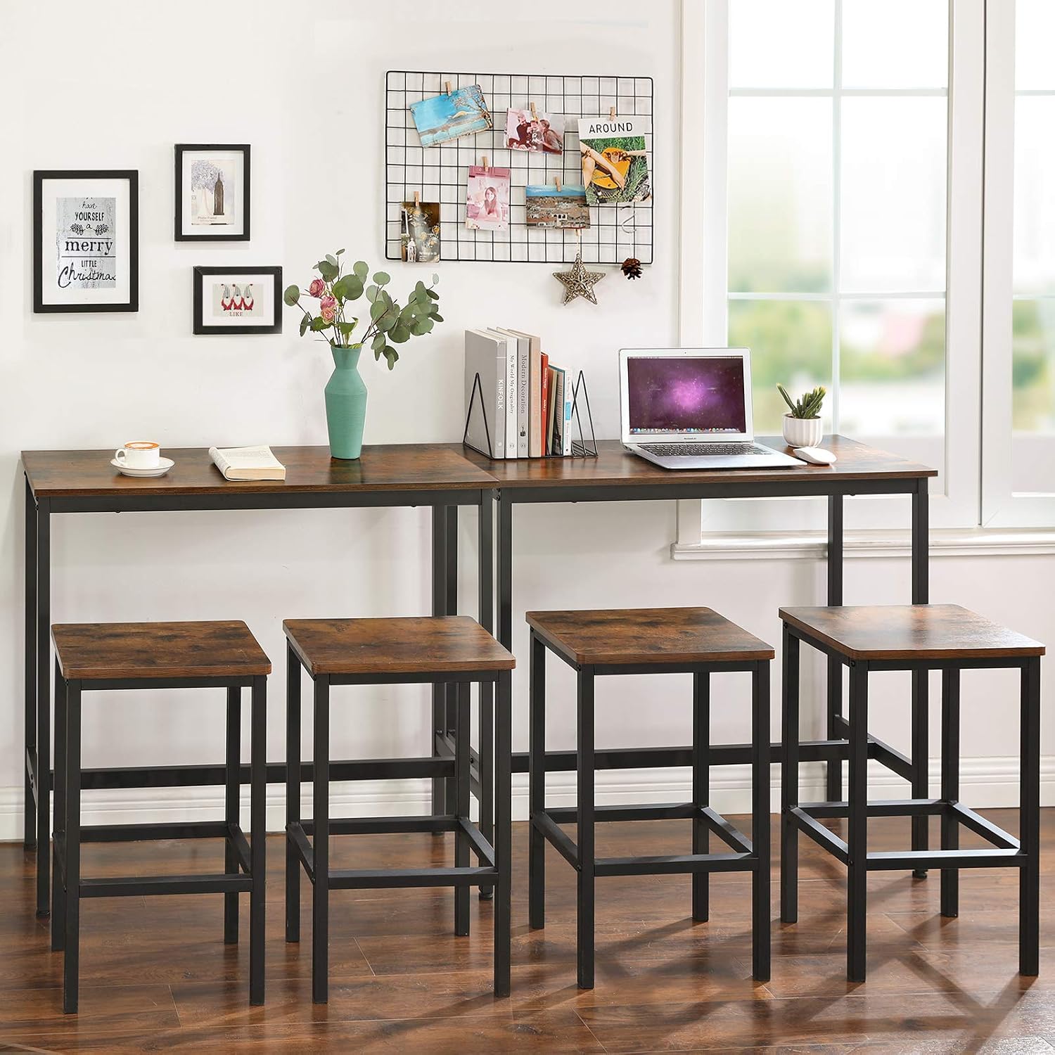 VASAGLE Bar Table 15.7 x 39.4 x 35.4 Inches, Rustic Brown and Ink Black ULBT10X and Bar Stools Rustic Brown and Black ULBC069B81