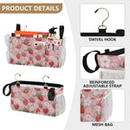 Pink Blossoms and Strawberries Bedside Caddy for Dorm Bed Bedside Hanging Caddy Bag Iron Frame Storage Organizer Pocket for Bunk Home College Hospital Beds 2 Hooks