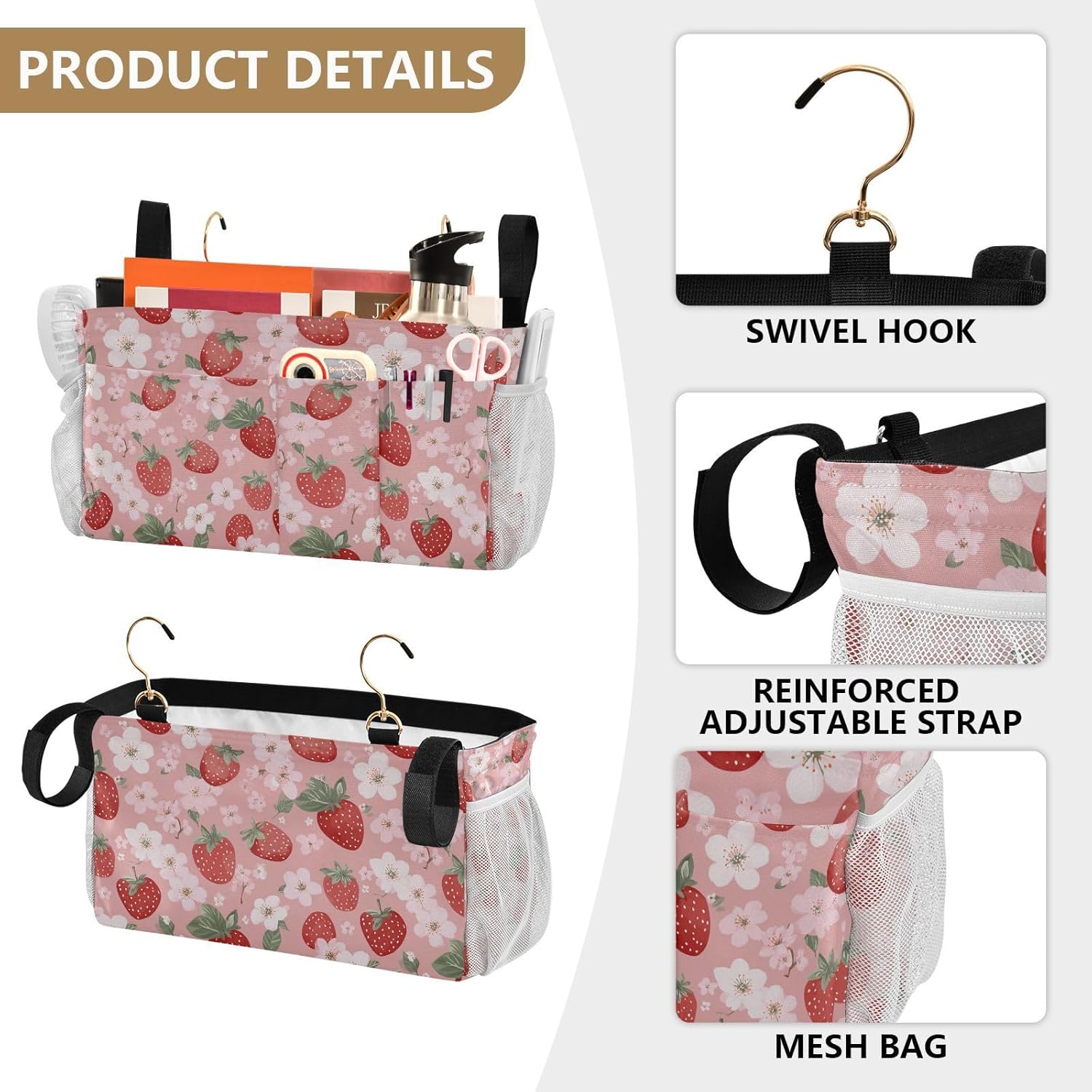 Pink Blossoms and Strawberries Bedside Caddy for Dorm Bed Bedside Hanging Caddy Bag Iron Frame Storage Organizer Pocket for Bunk Home College Hospital Beds 2 Hooks