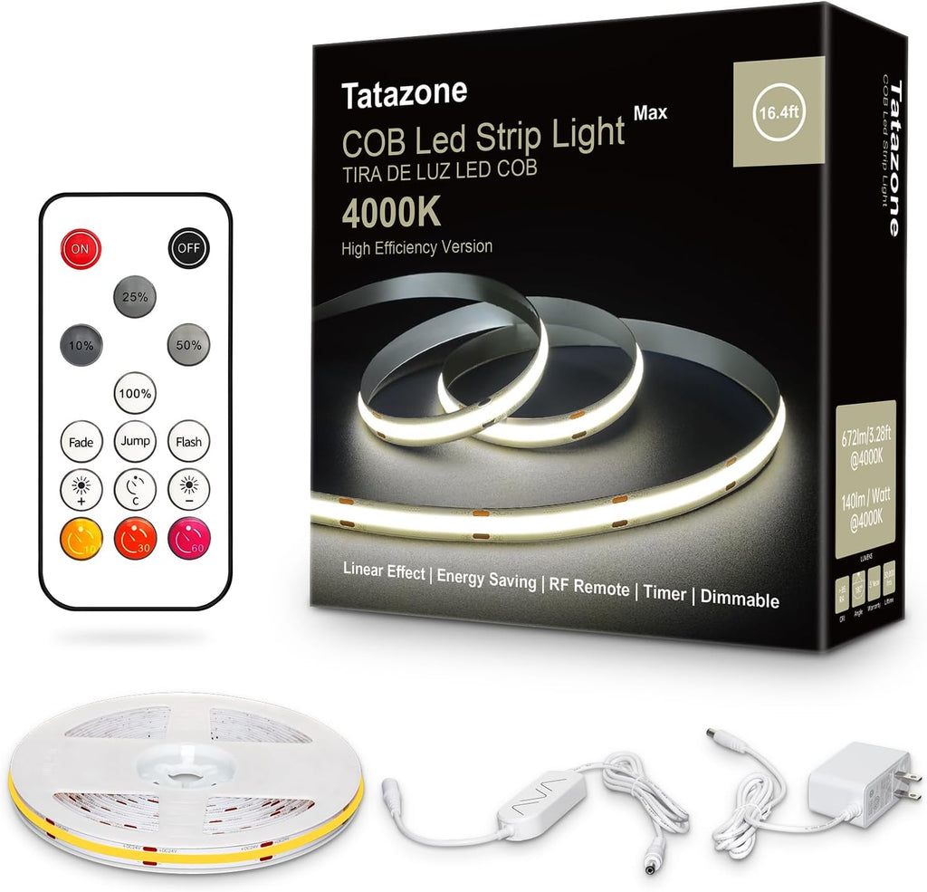 White COB Led Strip Lights Max with RF Remote, 16.4ft 4000K Dimmable Ultra Bright Neutral White COB Light Strip, Indoor COB Led Lights for Mirror, Ceiling, Kitchen, Room, Cabinet, Closet