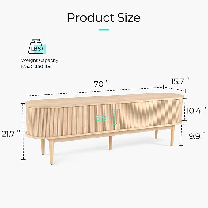 LINSY 70" Fluted TV Stand, Modern Entertainment Center for TVs Up to 80 inches, TV Console with Sliding Doors, Curved Profile Design, Media Console for Living Room, Light Wood