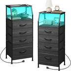 WLIVE Night Stand Set of 2 with Charging Station, Nightstand with LED Light and 4 Storage Fabric Drawers, Tall Dressers for Bedroom, Bedside Tables, Wood Shelf, Metal Frame, Black and Wood Grain Print