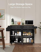 Kitchen Island with Storage, Kitchen Cart on 5 Universal Wheels, Mobile Kitchen Island with Rubber Wood Top and Side Rack (Black)
