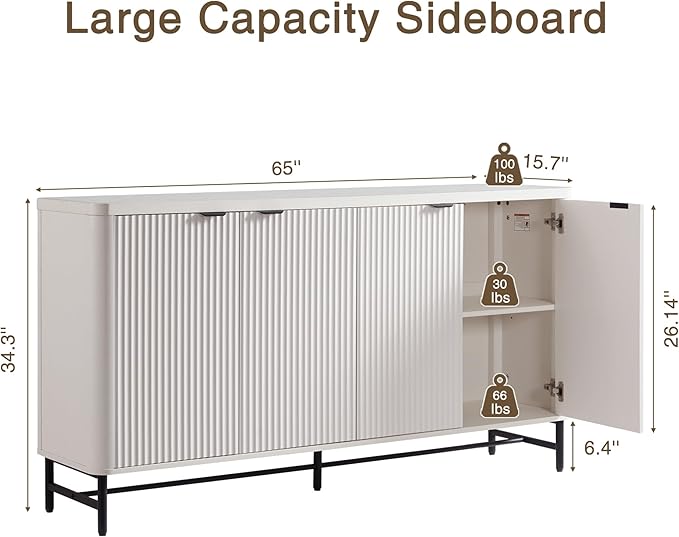 65" Large Sideboard Buffet Cabinet with Storage, Set of 2 Modern Fluted Credenza Accent Coffee Bar Console Tables with Doors & Adjustable Shelves for Living Room or Hallway, White
