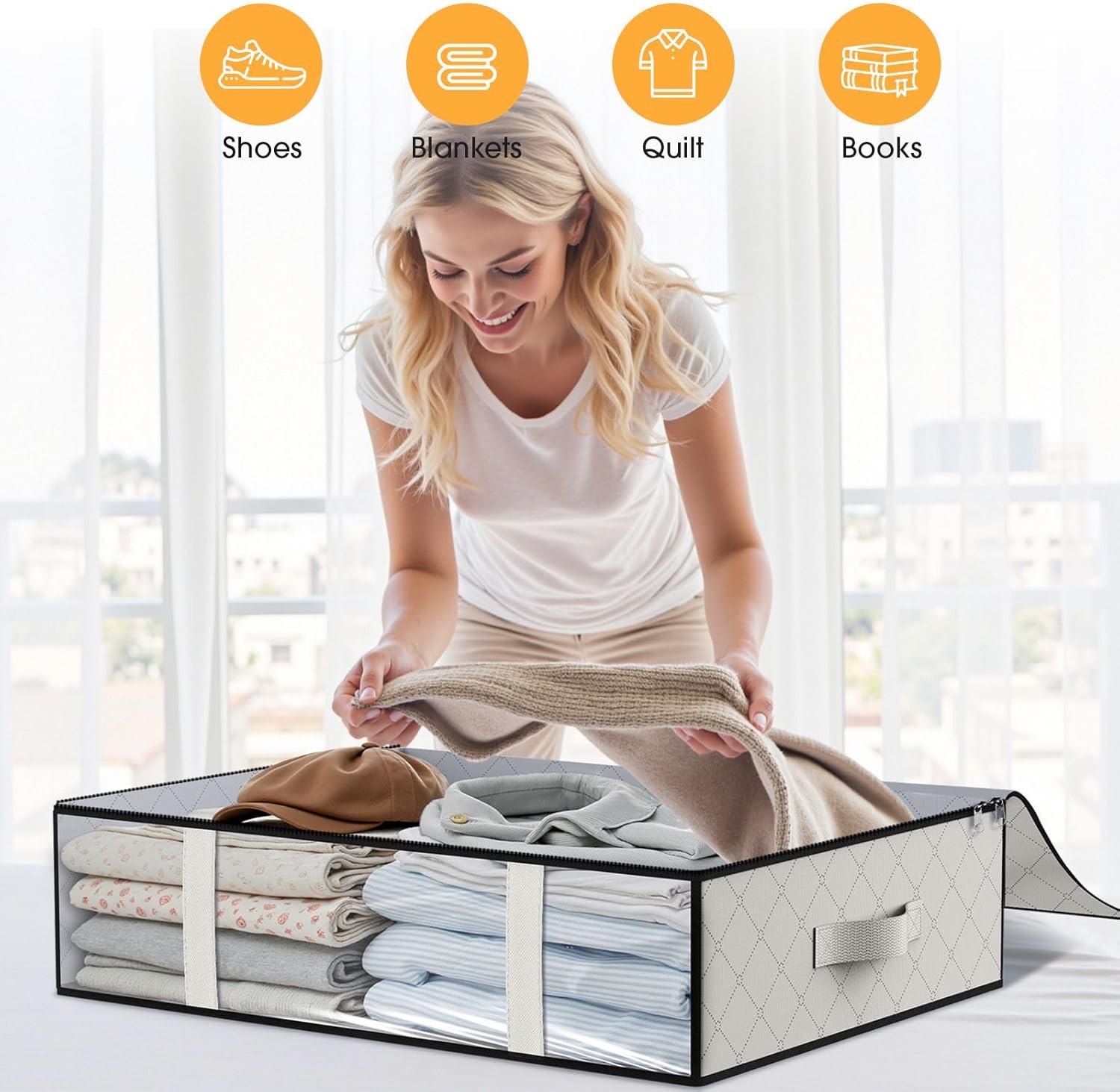 StorageRight Under Bed Storage Bins, 3-Pack 40L Foldable Fabric Storage Bags with Transparent Window, Breathable Organizer for Clothes/Blanket/Comforter/Quilt, White
