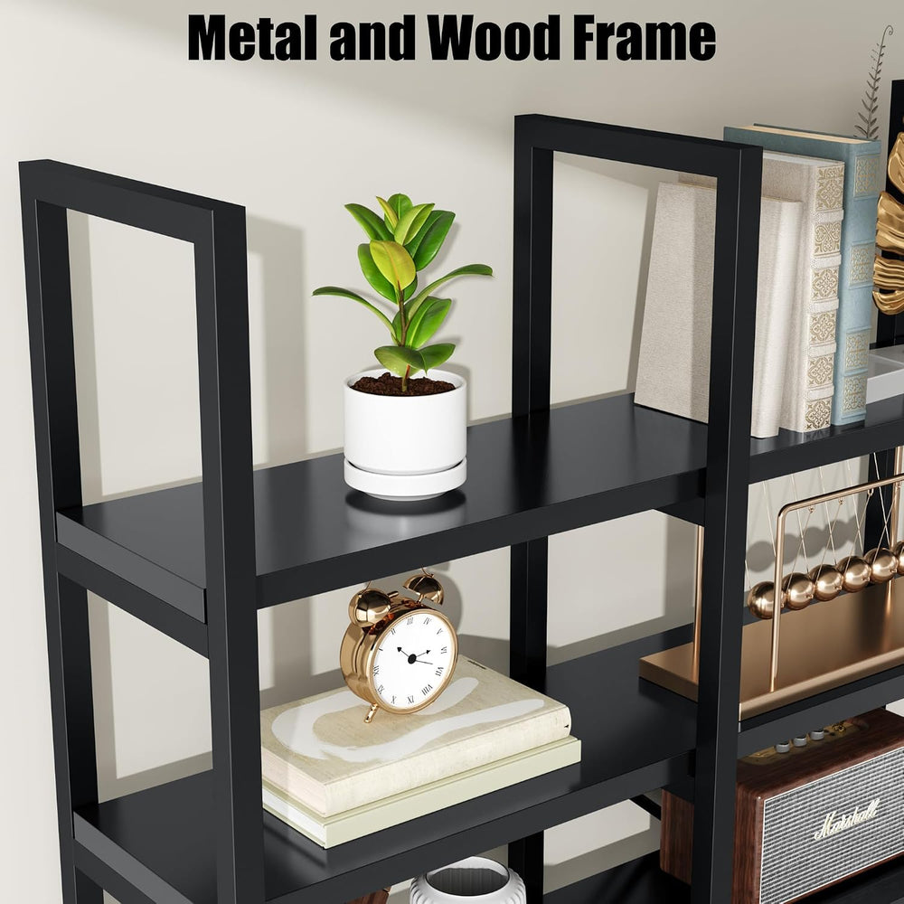 Large Bookshelf 5 Tiers, Triple Wide Geometric Bookcase, 71 Inches Tall Indus...