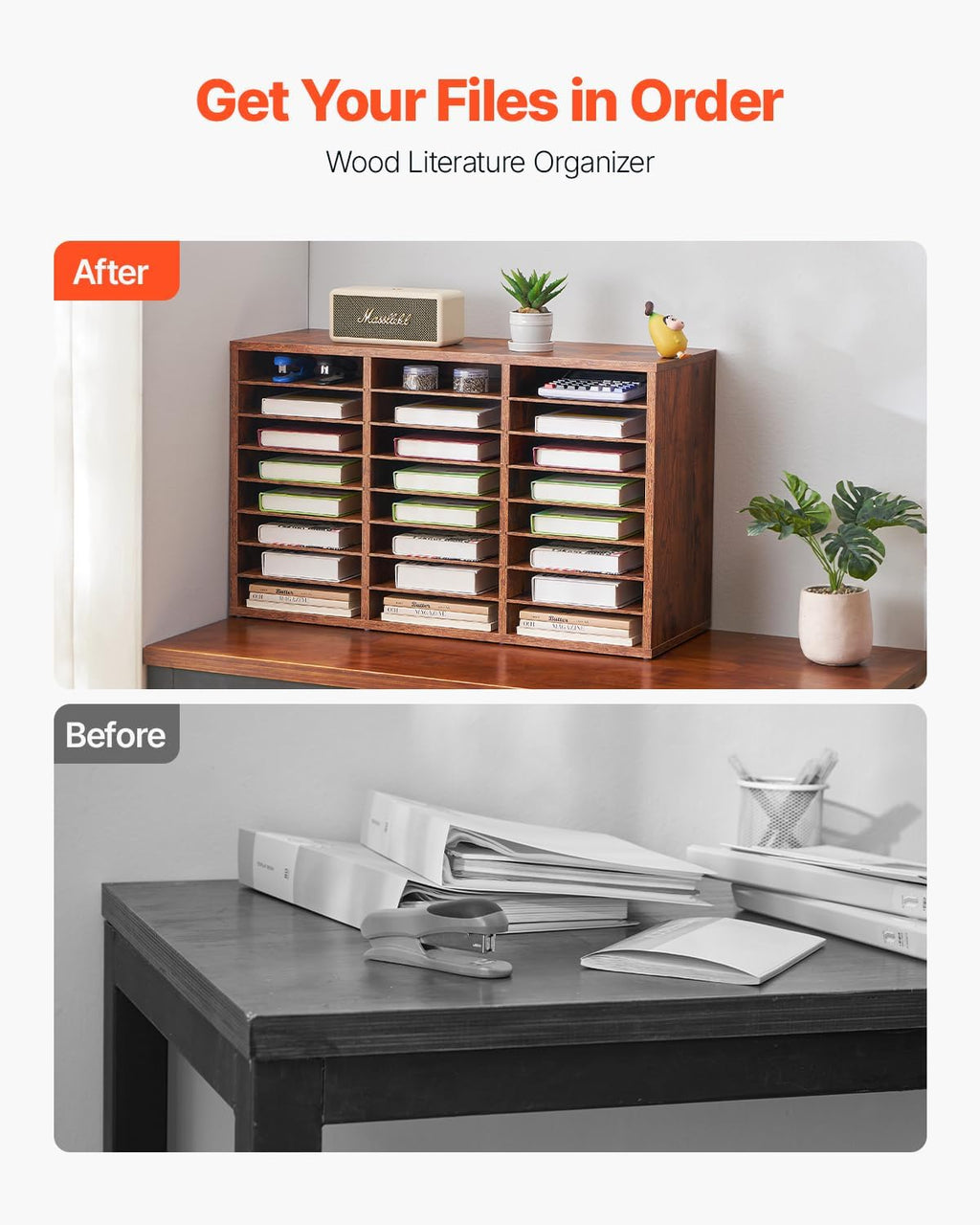 VEVOR Literature Organizer, 24 Compartments Office Mailbox with Removable Shelves, Wooden Mailbox Sorter Particle Board Office Home Classroom Storage, File Sorter for Documents, Papers, Retro Brown