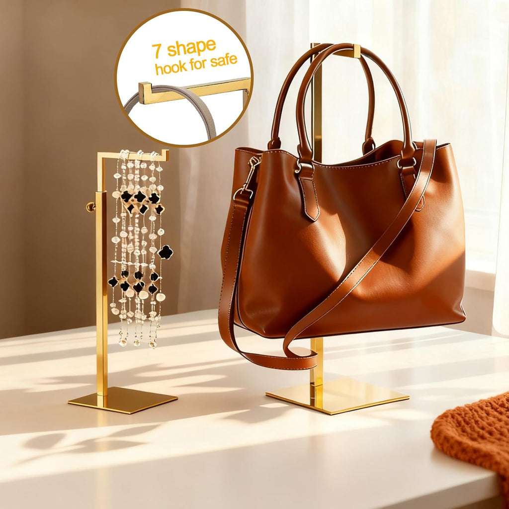 Gold Purse Display Stand, 2 Pack Handbag Display Stand Adjustable Height Stainless Steel Stability Non-slip Base, Large Bags Display Rack Luxury Purse Holder for Table Retail Closet