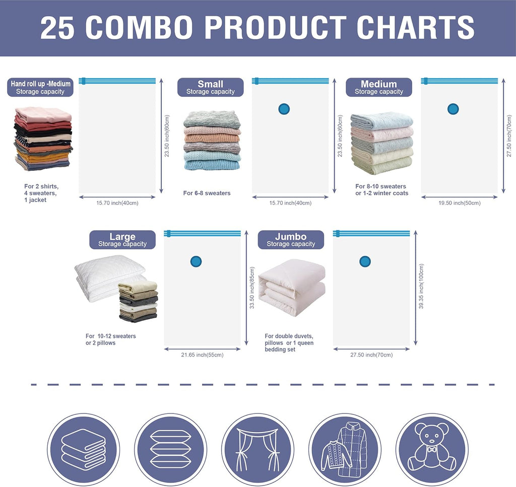 25 Pack Vacuum Storage Bags, Space Saver Vacuum Storage Bags, Vacuum Seal Bags for Clothing, Clothes, Comforters and Blankets, Hand Pump Included