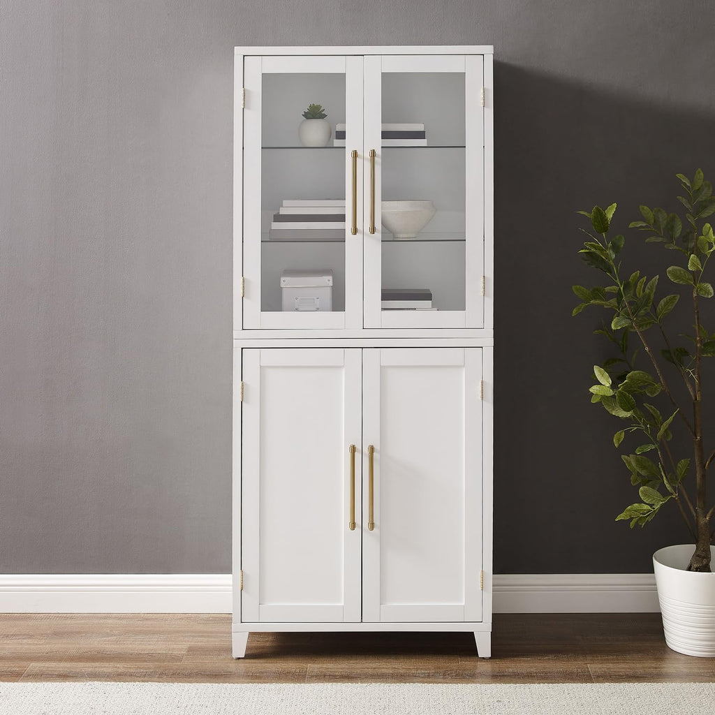 HomeStock Pantry Storage Cabinet with Glass Door - White Wood Kitchen Hutch & Shelves - 30" W x 15.75" D x 70.63" H