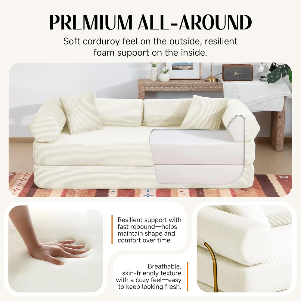 79" Corduroy Sofa Bed, Couch in a Box with 2 Pillows, High-Density Foam ...