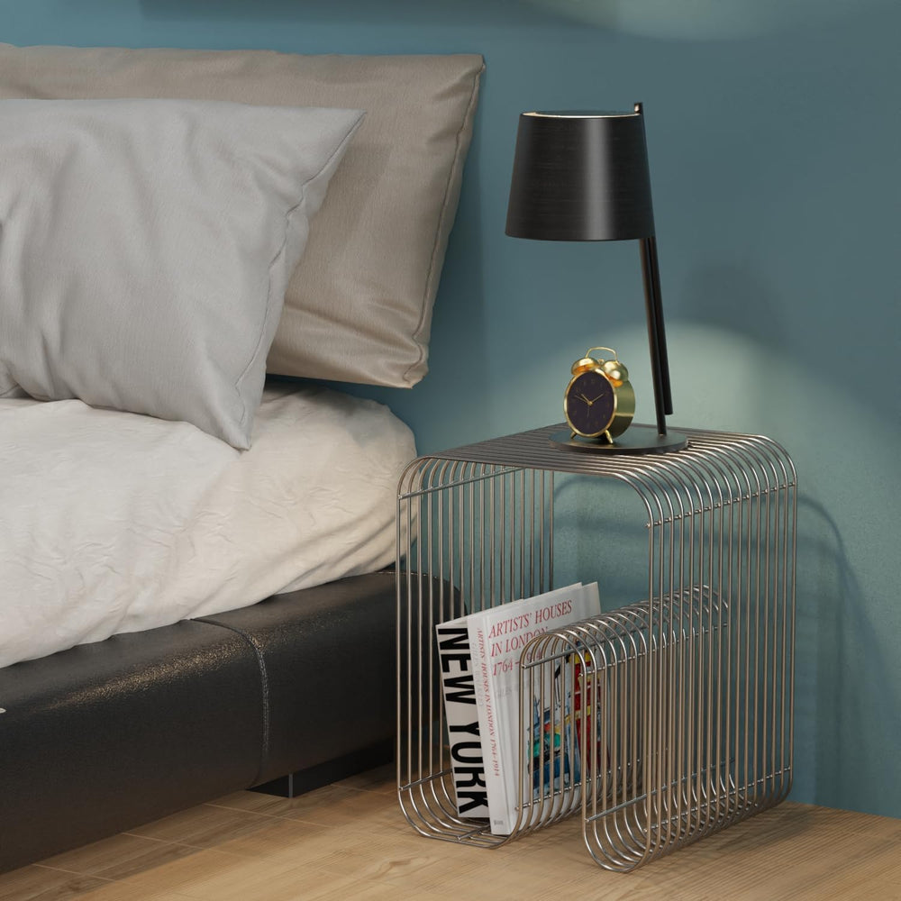N-Shape Retro Side Table, Accent Bedside Table for Living Room, Stainless Ste...