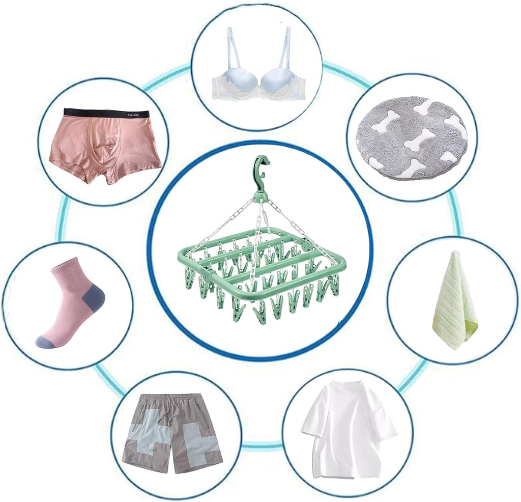 Clothes Drying Hanger with 32 Clips and Drip Foldable Hanging Rack (Light Green)