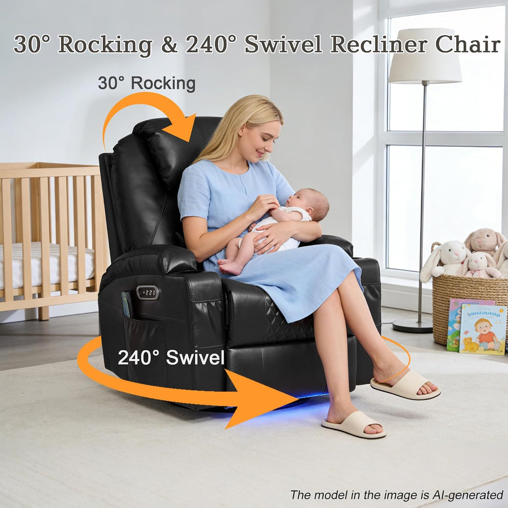 AHMED Dual Motor Power Swivel Rocker Recliner Chair, Faux Leather, Black | El...