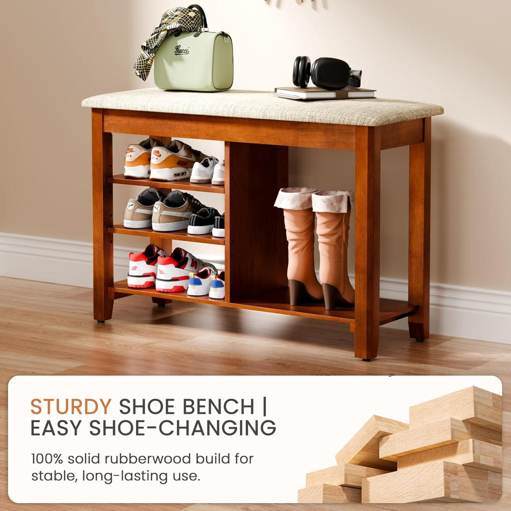 FAGAGA Shoe Rack Bench with Cushioned Seat, Solid Wood Entryway Bench with Fl...