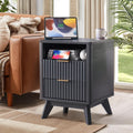 Fluted Nightstand - 24" Modern Bedside Table w/ 2 Drawers, Wood Bed Side End Table with Open Shelf, Night Stand with Storage Drawer, Curved Design Night Stands for Bedroom Living Room (Black)