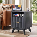 Fluted Nightstand - 24" Modern Bedside Table w/ 2 Drawers, Wood Bed Side End Table with Open Shelf, Night Stand with Storage Drawer, Curved Design Night Stands for Bedroom Living Room (Black)