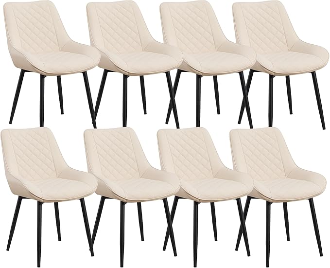 Dining Chair Set of 8, Modern Dining Chairs with Thick Cushions, Faux Leather Upholstered Kitchen Dining Room Chairs with Metal Adjustable Legs for Dining Living Room, Beige