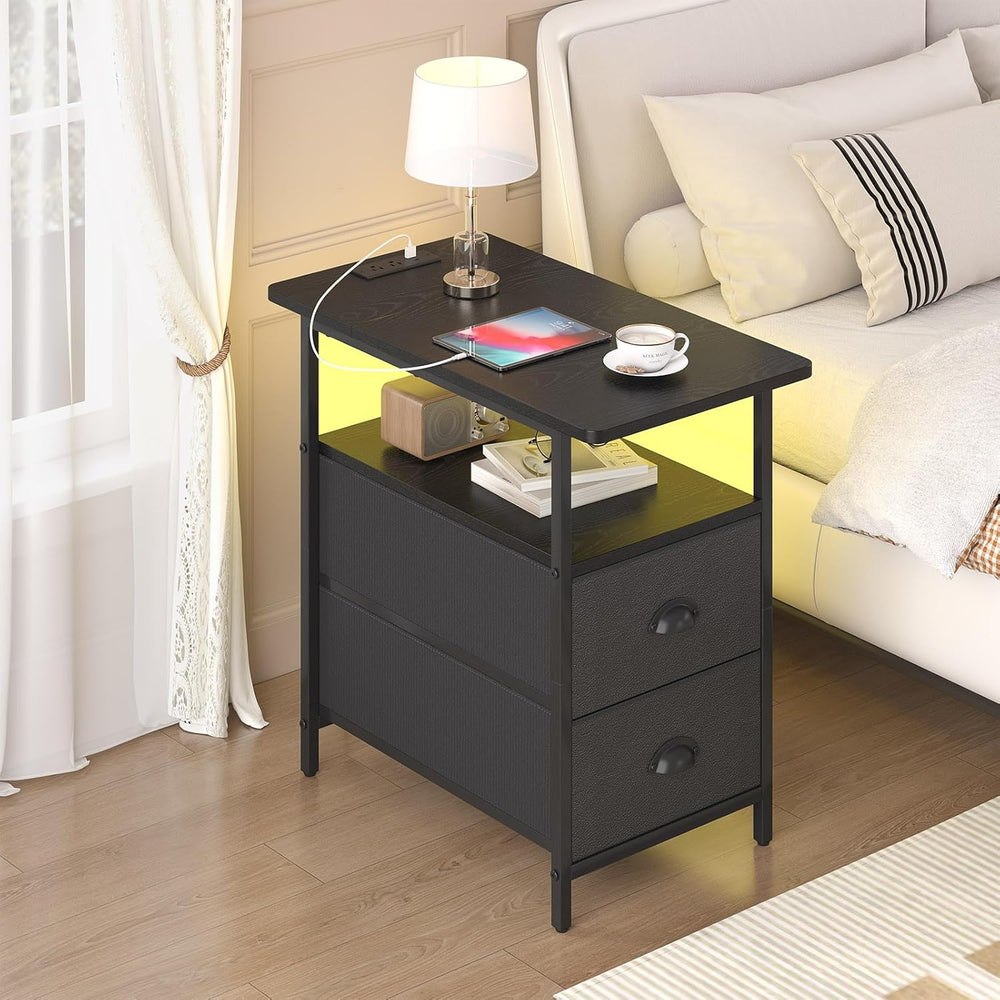 sthmec End Table with Charging Station, Narrow Side Table with 2 Drawers, LED...