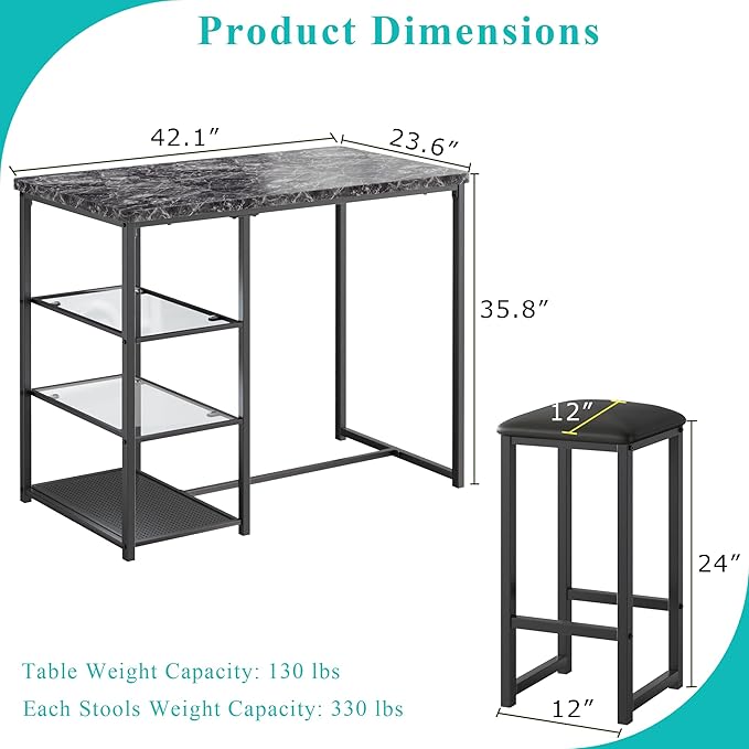 VECELO Small Bar Table and Chairs Set for 2, Upholstered Stools & Glass Storage Shelves, for Kitchen Dining Breakfast Nook, Space-Saving, Faux Marbled & Black