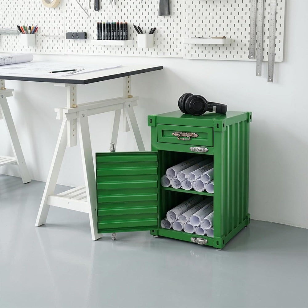 Industrial Metal Container Side Table, 3-Tier End Tables with Drawers, Bedsid...