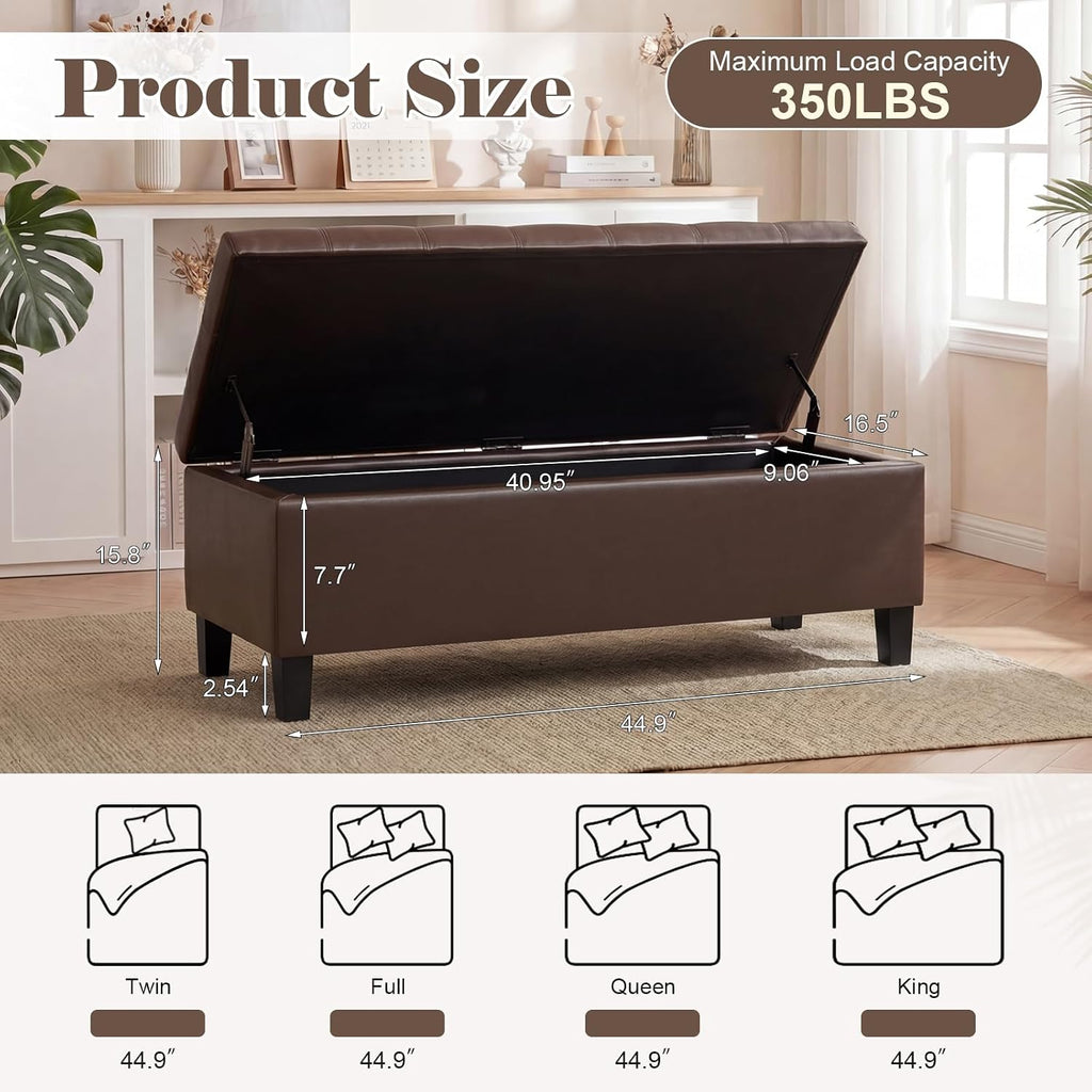 Asense 45" Storage Ottoman Bench,Faux Leather Upholstered Ottoman with Legs,Tufted Ottoman with Safety Hinge,Storage Bench for Bedroom,Living Room,Entryway,Chocolate Brown