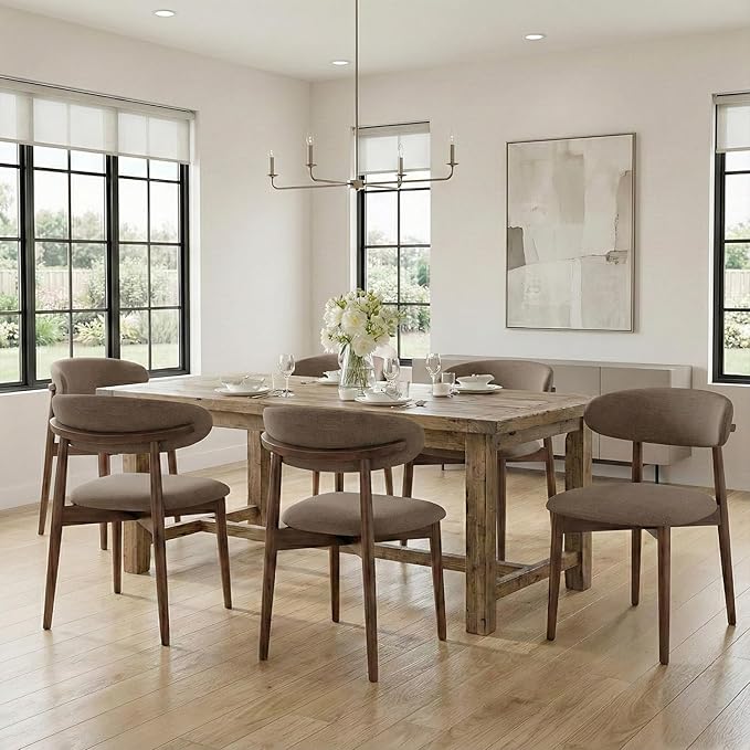 Dining Room Chairs Set of 6, Upholstered Farmhouse Dining Chairs, Modern Fabric Kitchen Chairs with Solid Wood Leg,Camel