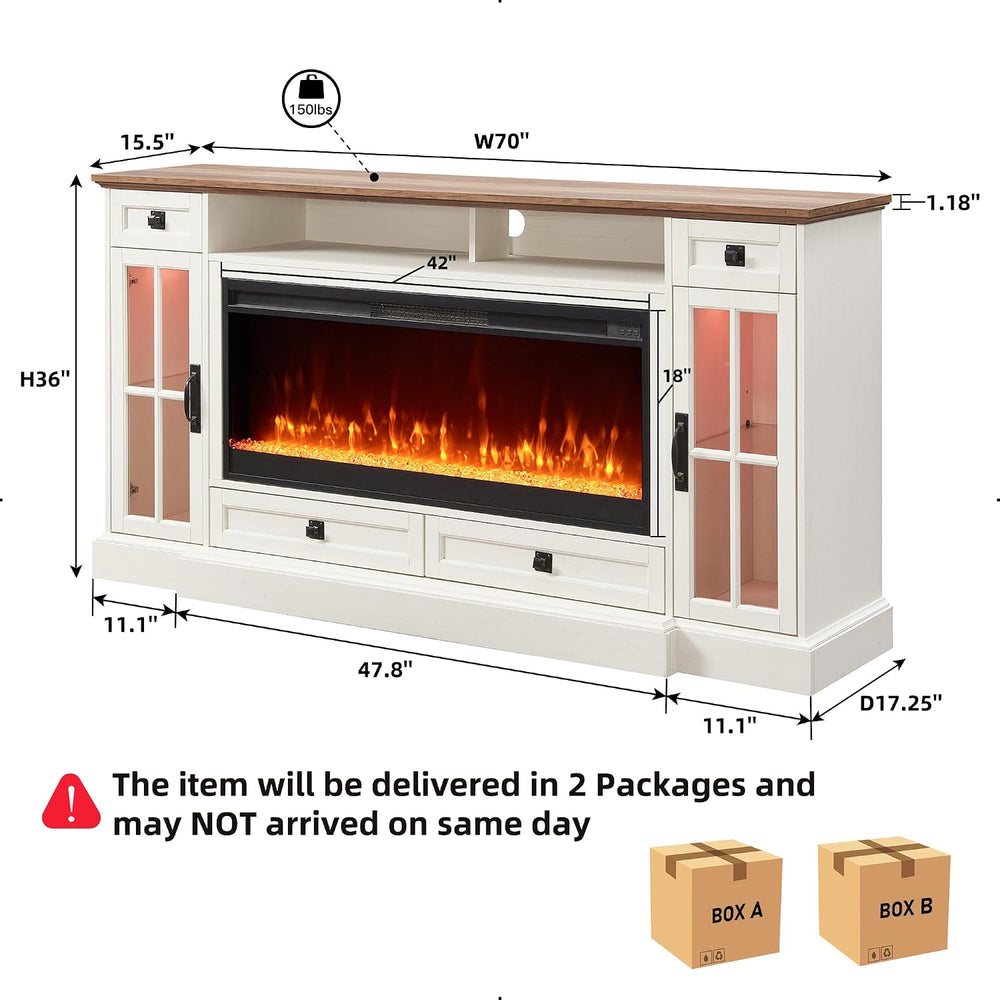 OKD 70" Farmhouse Fireplace TV Stand for 80 Inch TV, Antique White | 42&...