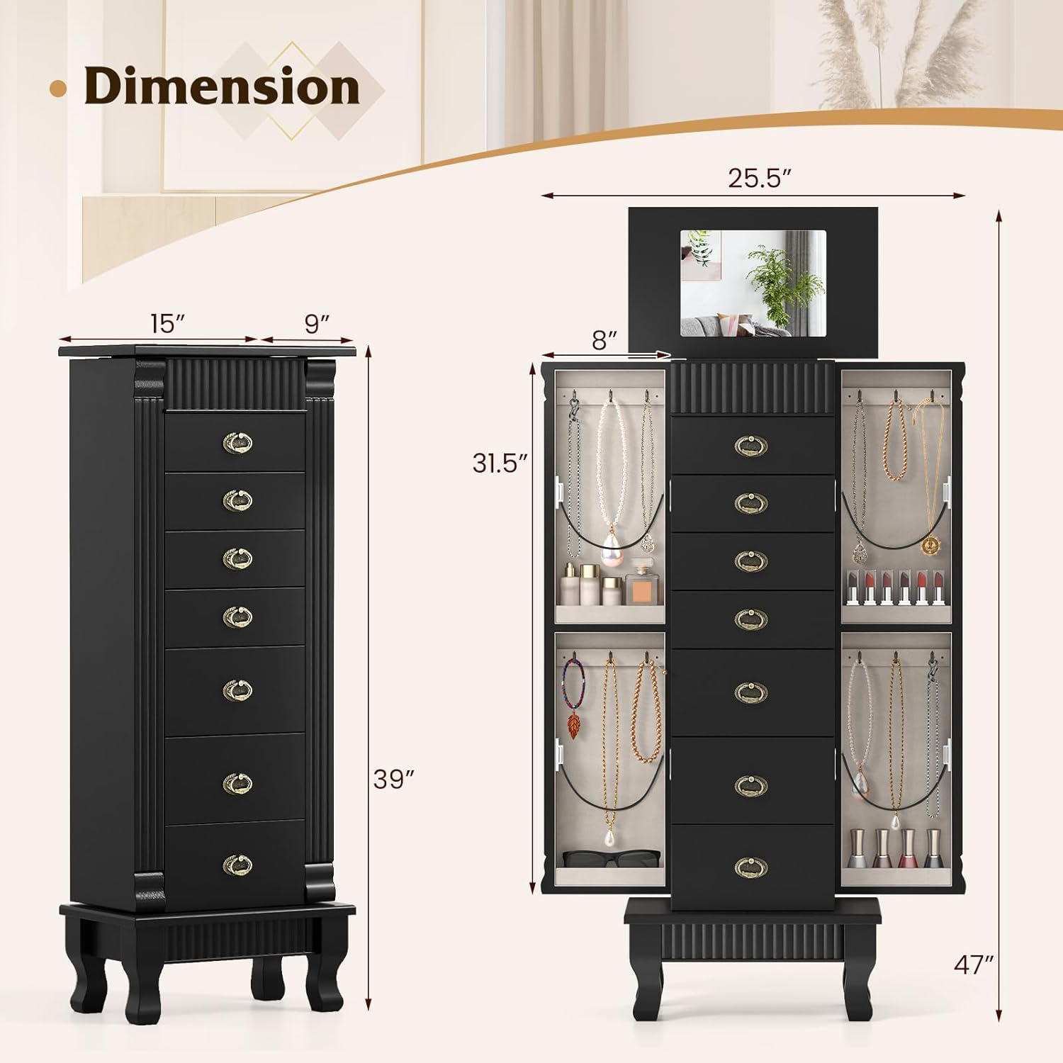 Giantex Standing Jewelry Cabinet with 7 Drawers, Flip-Top Mirror, 2 Side Doors with 12 Necklace Hooks, Divided Ring Compartments, Velvet-Lined Jewelry Armoire Organizer Chest (Black)