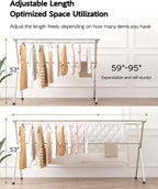 Vikaqi Clothes Drying Rack 95 Inches Folding Outdoor Indoor, Drying Rack Clothing Collapsible, Foldable Laundry Drying Rack, Heavy Duty Stainless Steel Clothesline, 20 Hooks 12 Clips