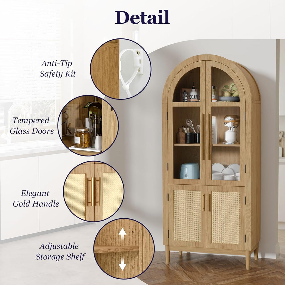 71" Tall Arched Cabinet with Glass Doors, Kitchen Pantry Storage Cabinet...