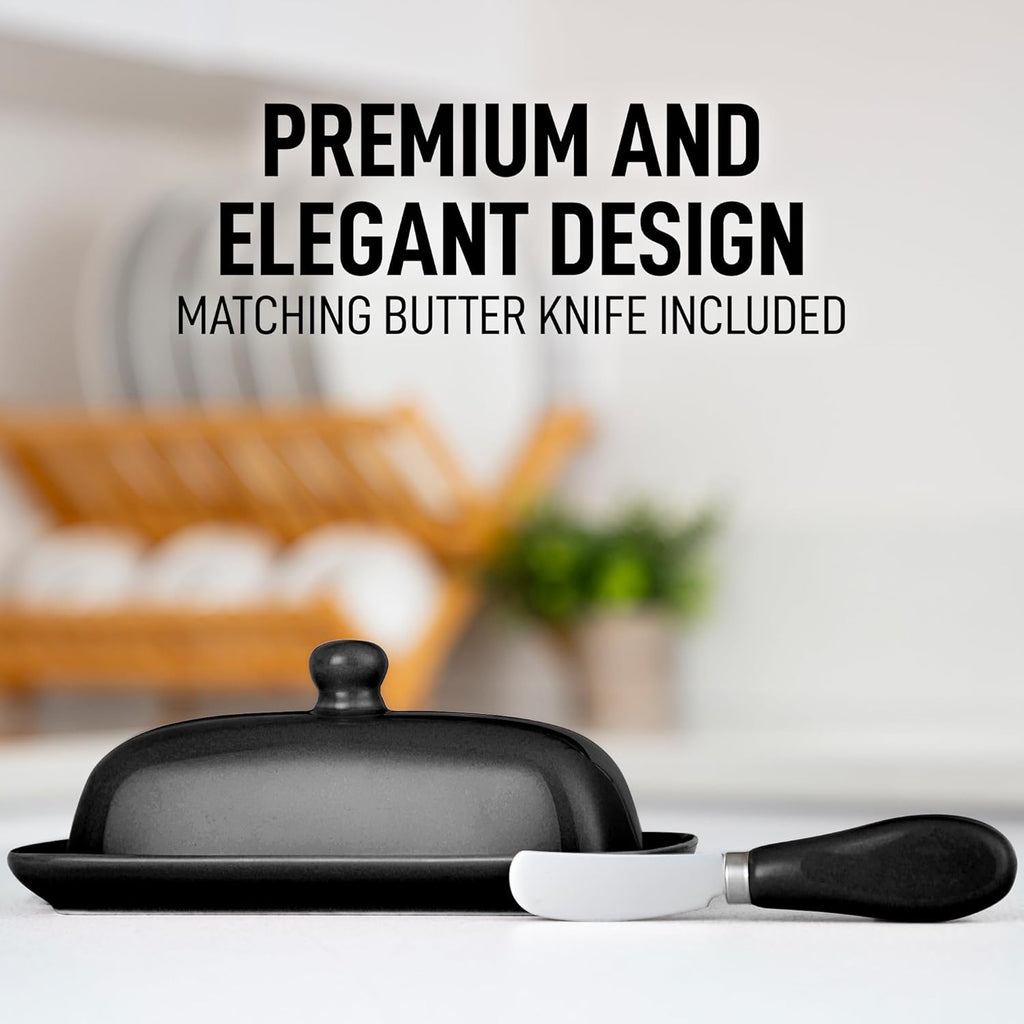 Zulay Kitchen Butter Dish With Lid For Countertop - Porcelain White, Ceramic Butter Dish with Knob Handle Great for Cooking - Elegant Design Butter Holder - Durable & Sturdy Butter Keeper - Black