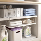 Expandable Under Cabinet Shelf, Extendable Under Shelf Storage with 0.94 Inches Thick Clips for Shoe Rack, Pantry Cabinet, Laundry Room. (White, 1 Pack, Interior: 6" H x 8.26" D)