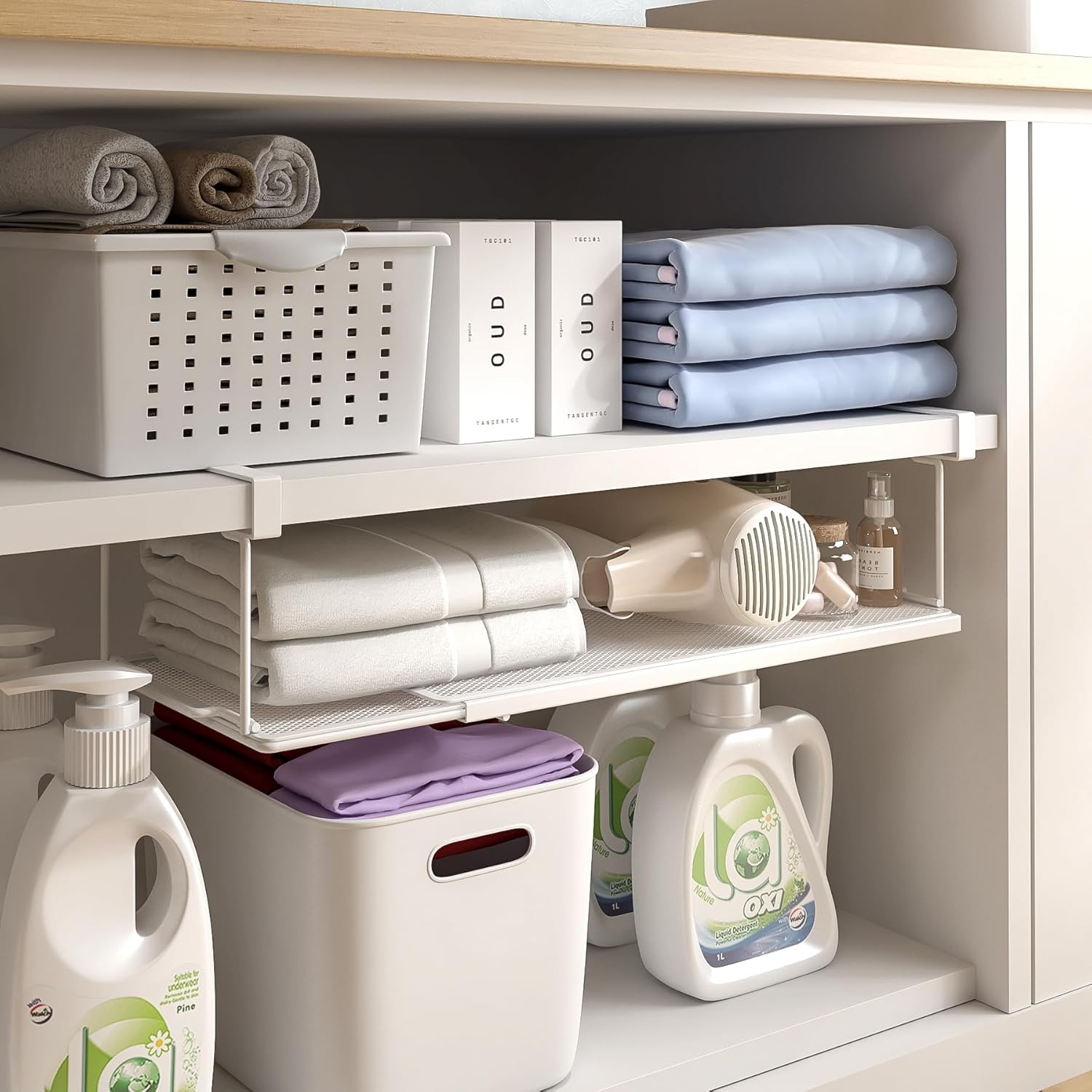 Expandable Under Cabinet Shelf, Extendable Under Shelf Storage with 0.94 Inches Thick Clips for Shoe Rack, Pantry Cabinet, Laundry Room. (White, 1 Pack, Interior: 6" H x 8.26" D)