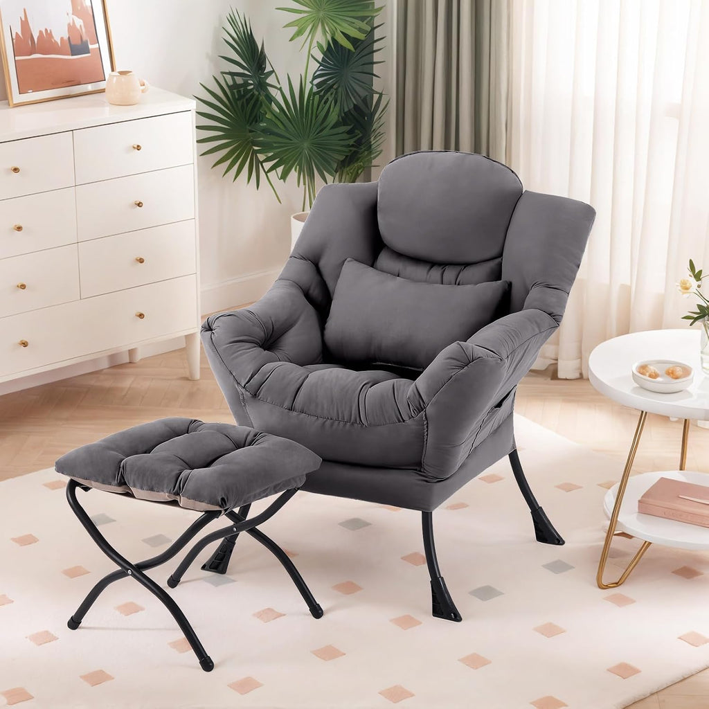 Furlide Lazy Chair with Ottoman, Comfy Fabric Accent Lounge Arm Chair with Lumbar Pillow and Folding Footrest, Reading Leisure Sofa Armchair for Bedroom, Living Room, Dorm,Dark Grey | Comfy Accent Lounge Chair with Pillow & folding Foot Stool, sturdy